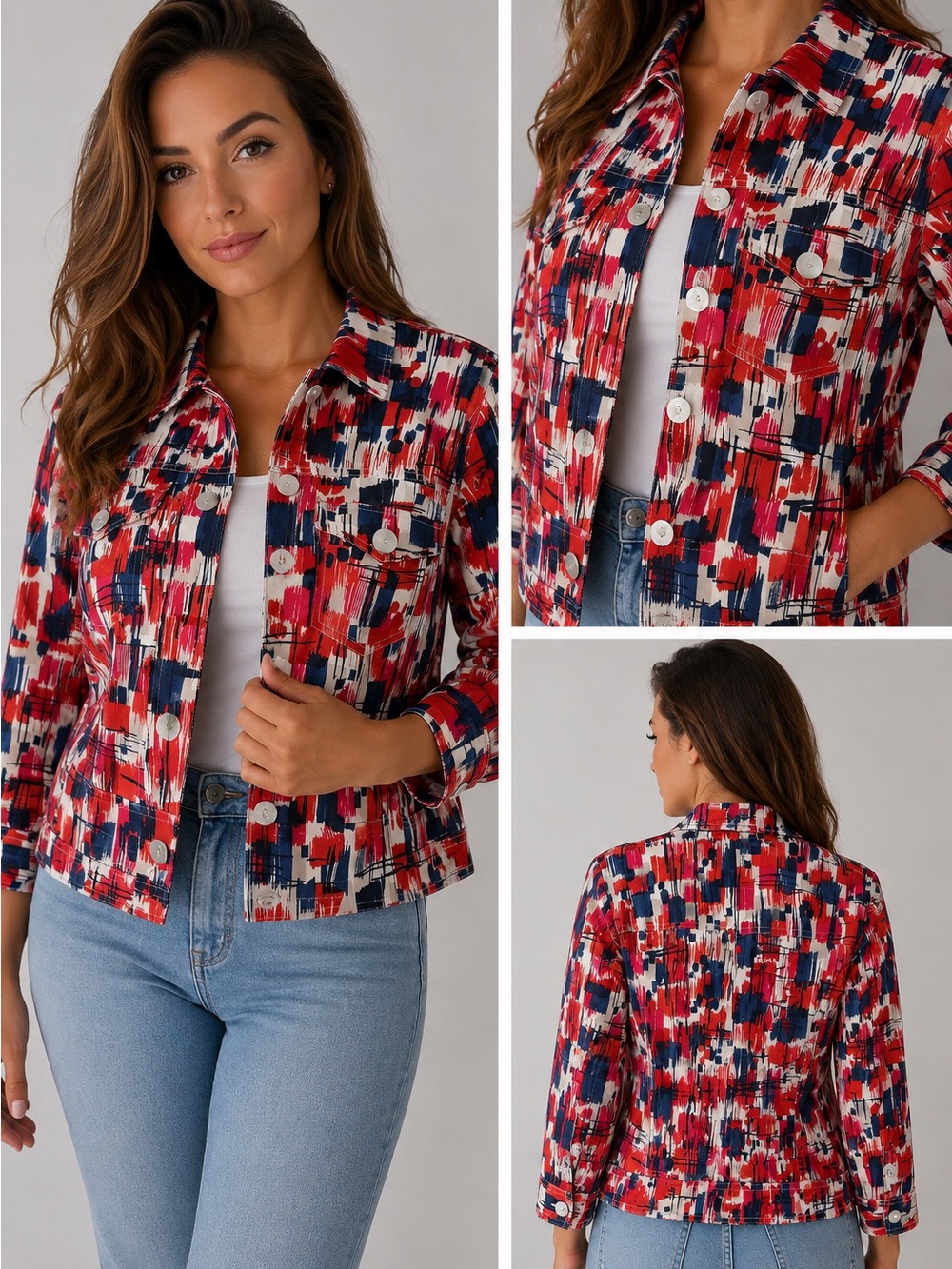 Ruby Rd Abstract Print Jacket Red Blue Stretch Button Front Women’s Size 8